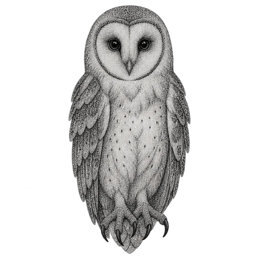 Dotwork tattoo design of a barn owl with stippled feather shading