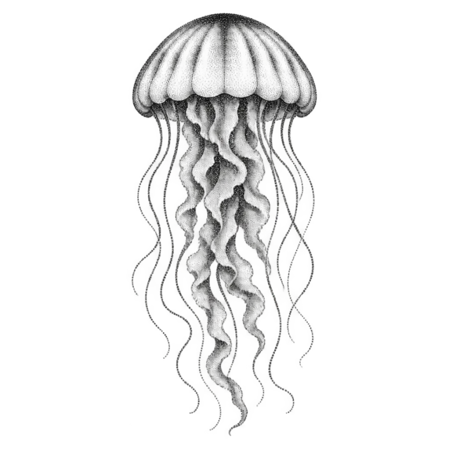 Dotwork tattoo design of a jellyfish with long trailing tentacles