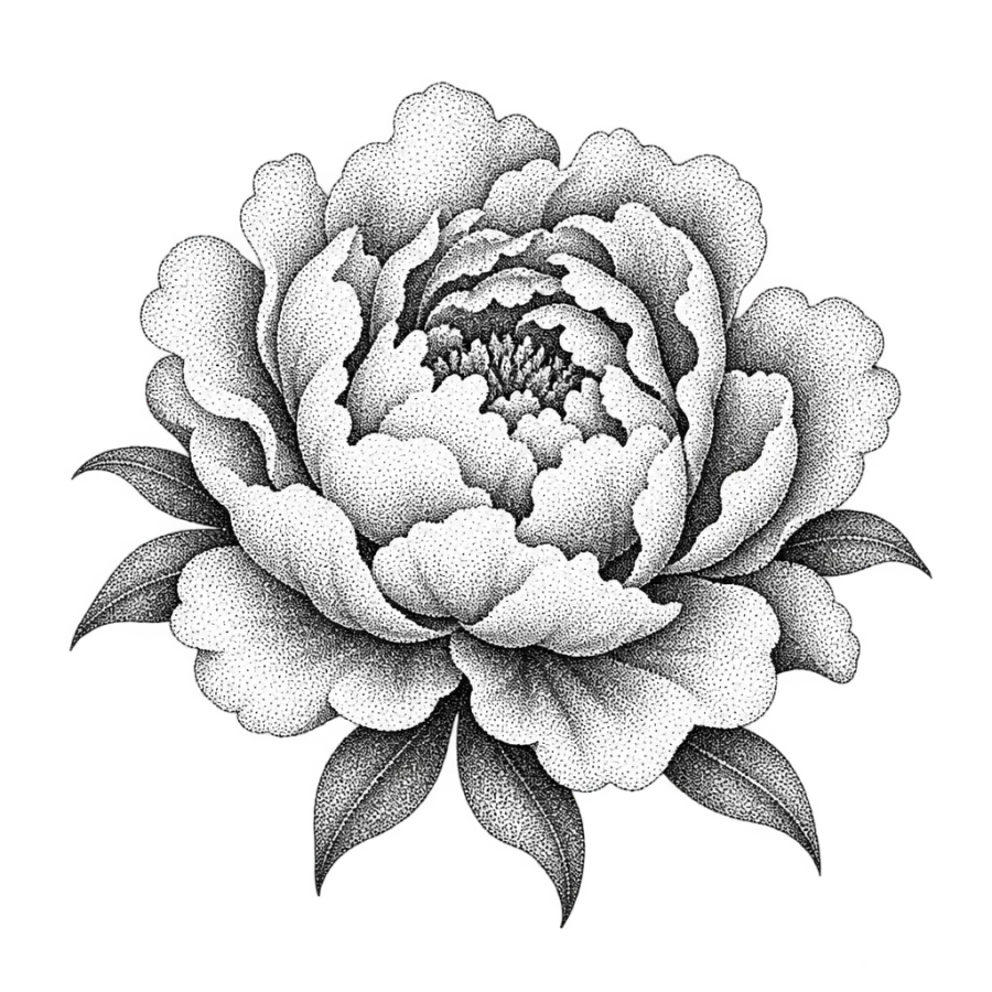Dotwork tattoo design of a peony blossom with layered curling petals