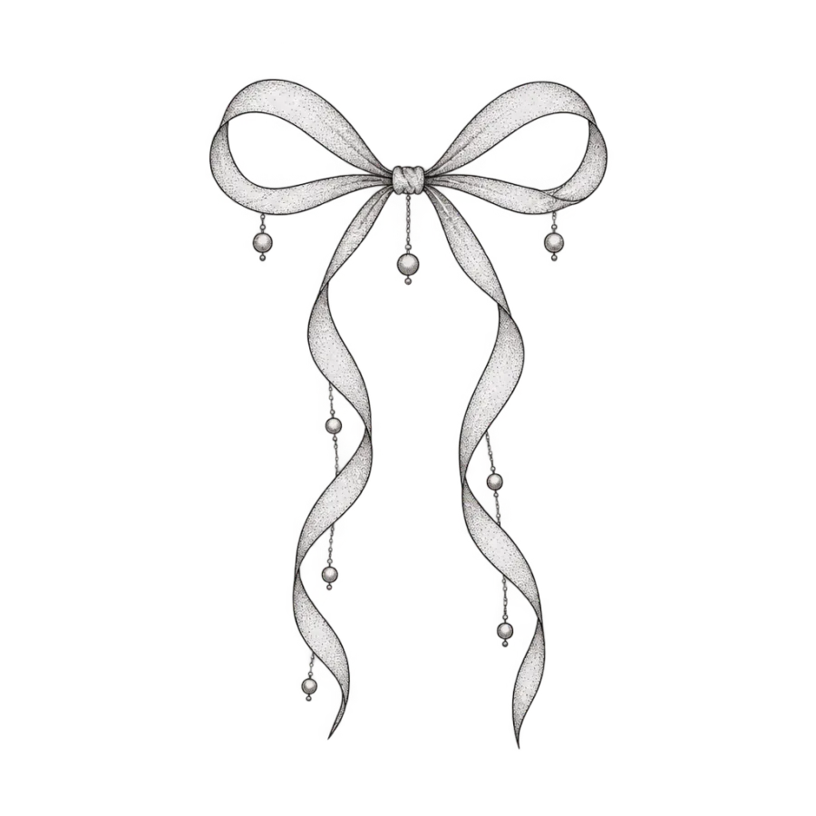 Fine line tattoo design of a delicate bow with trailing pearl ribbons