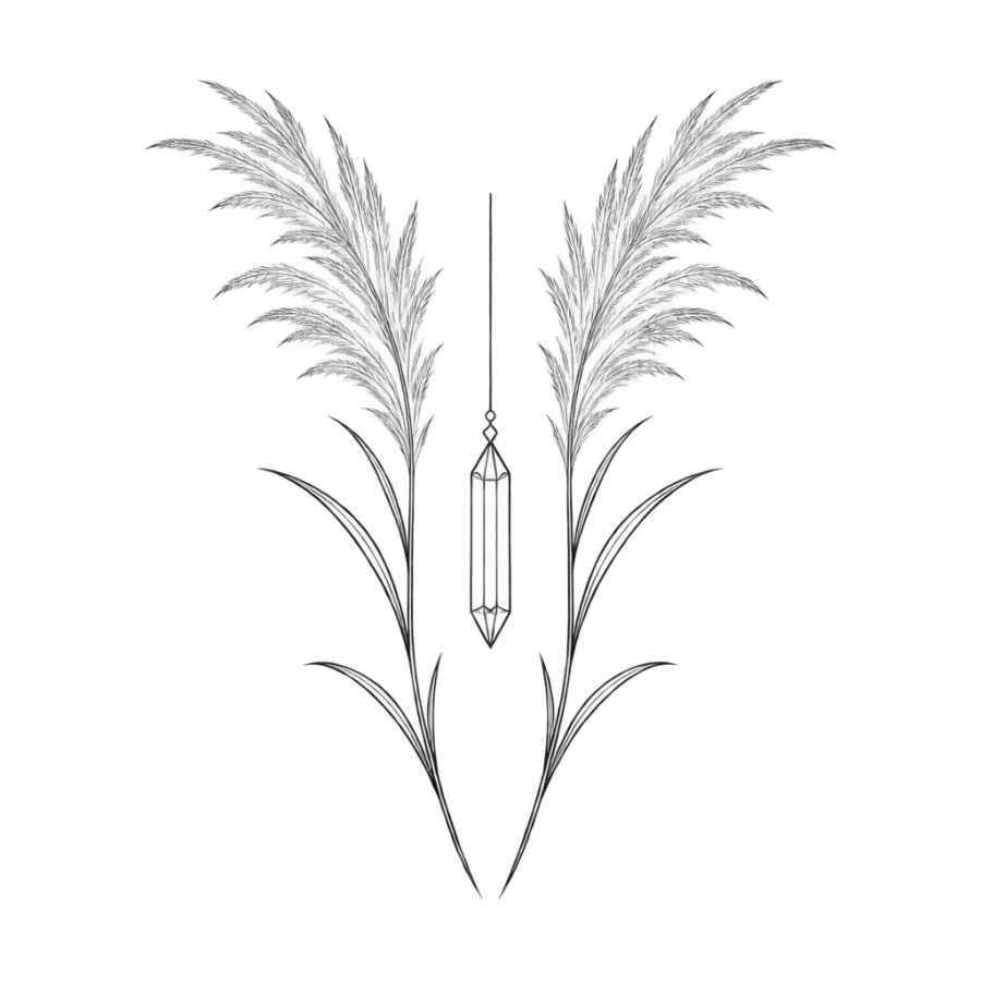 Symmetrical fine line pampas grass and hanging crystal tattoo design