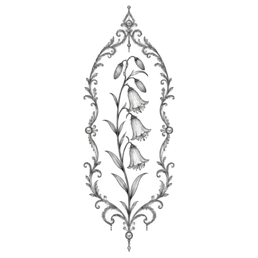 Filigree lace arch tattoo framing a stem of hanging bellflowers