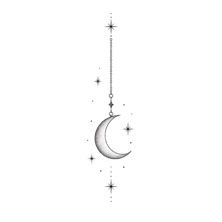 Fine line tattoo design of a crescent moon on a chain with stars