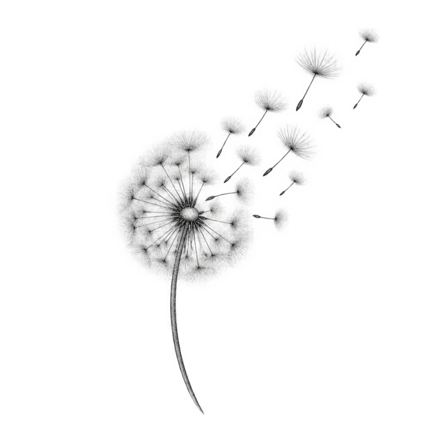 Fine line tattoo design of a dandelion with seeds drifting on the breeze