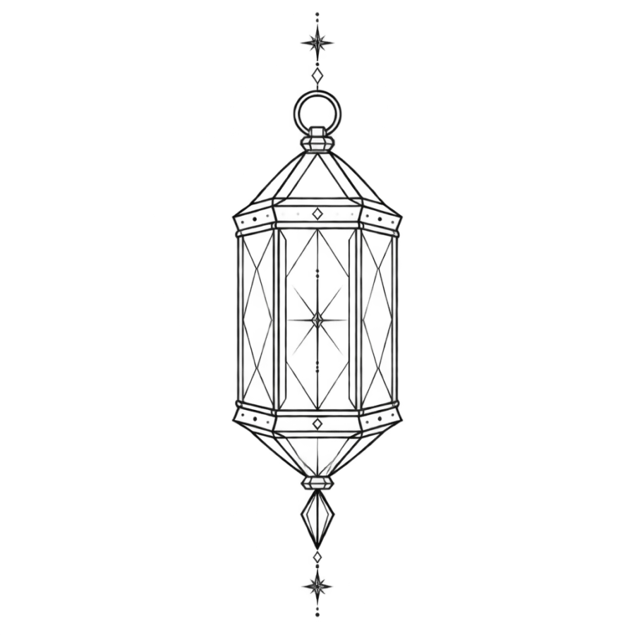 Geometric tattoo design of an antique lantern built from faceted panels