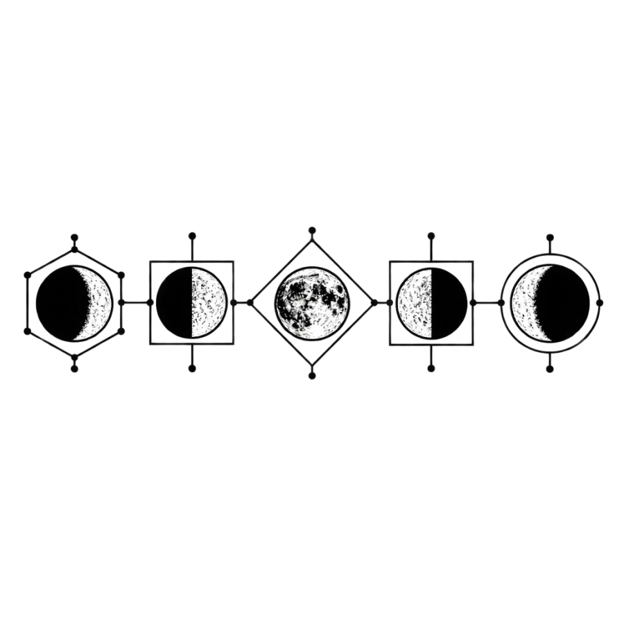 Geometric tattoo design of moon phases nested inside linked angular shapes