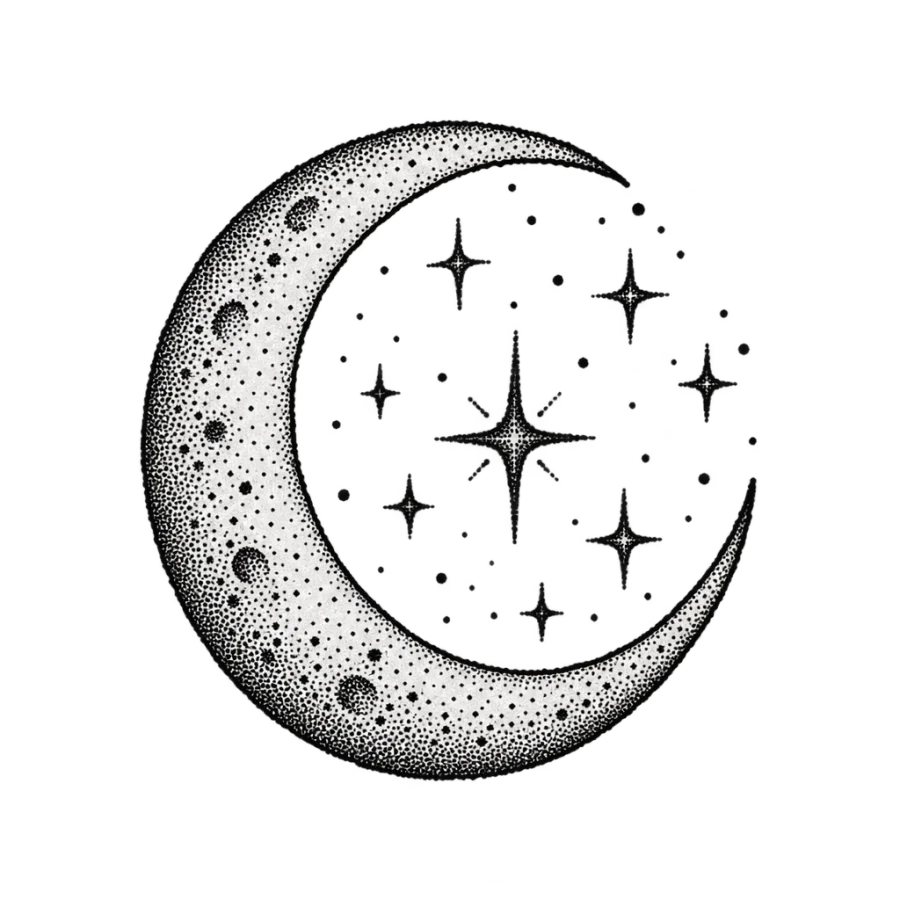 Hand poke crescent moon and stars tattoo medallion punched in dots