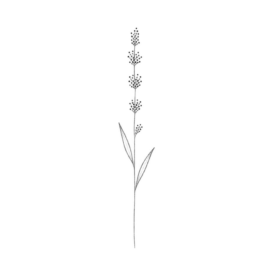 Very airy hand poke lavender sprig tattoo with faint dotted buds