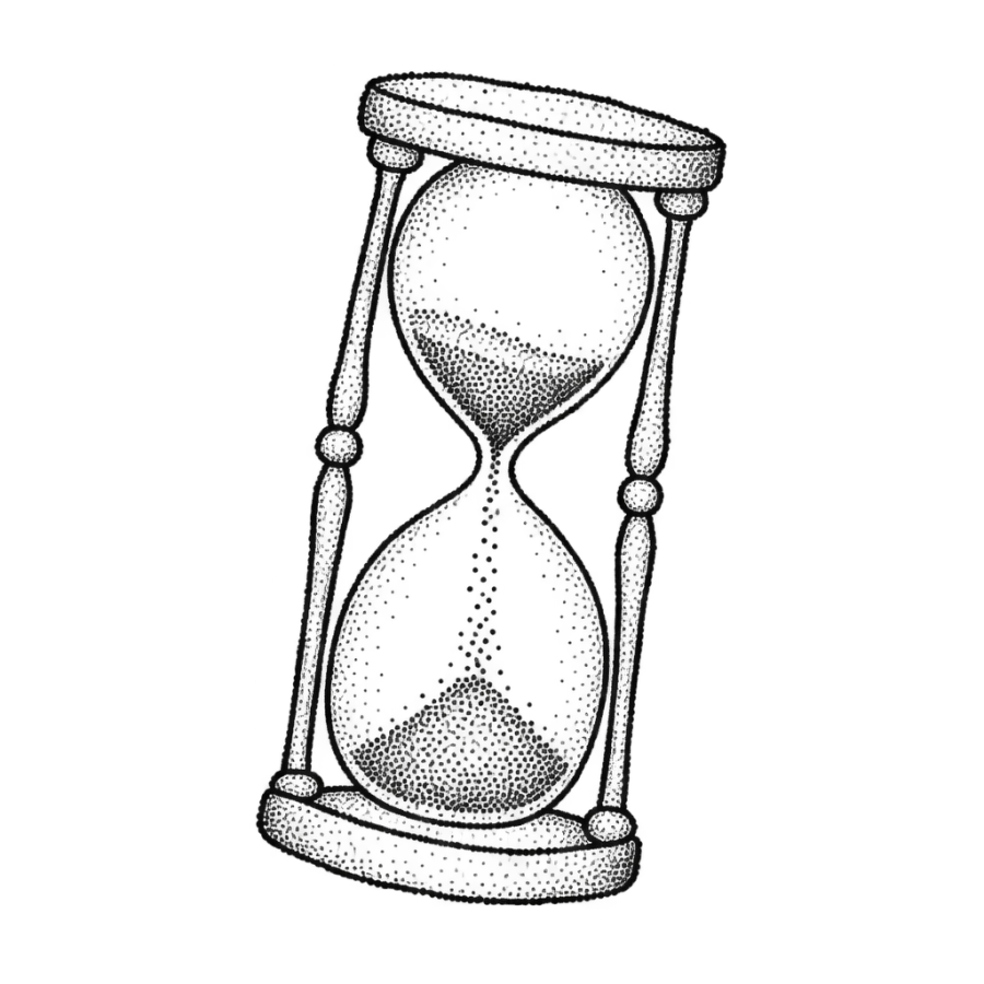Hand poke hourglass tattoo close crop with dotted falling sand