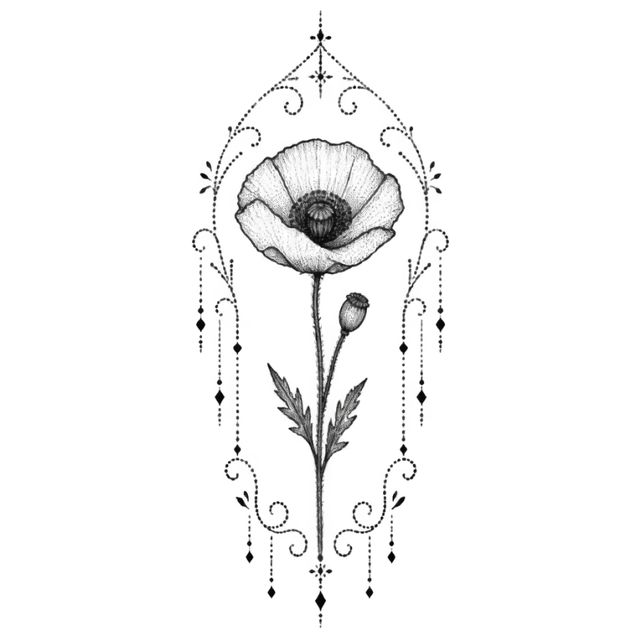 Hand poke tattoo design of a poppy inside a dotted ornamental arch