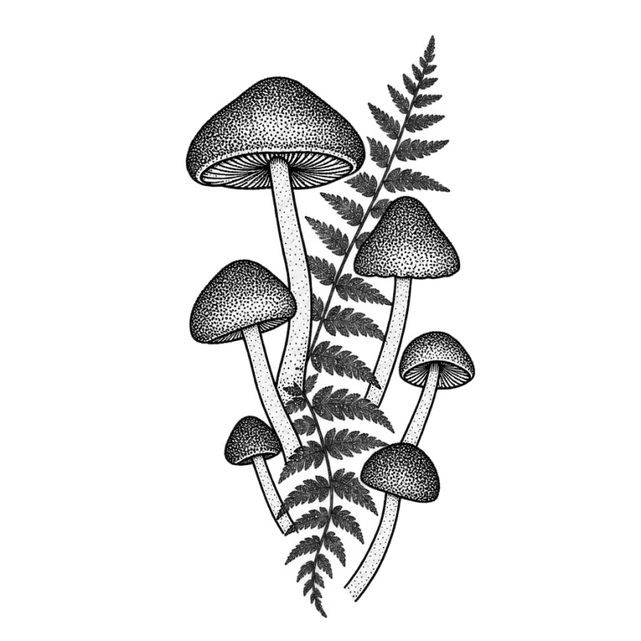 Hand poke mushroom cluster tattoo with fern frond and stippled caps