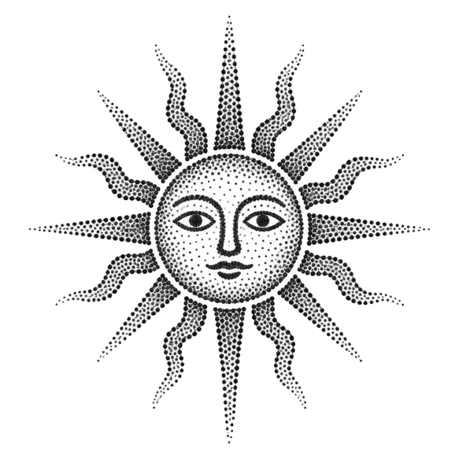 Dense hand poke sun face tattoo medallion with wavy and straight rays