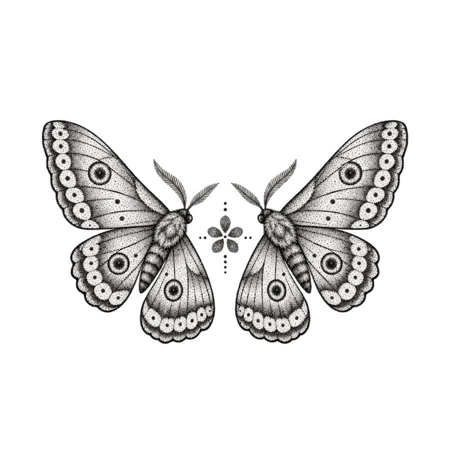Hand poke mirrored moth pair tattoo with a stippled flower between