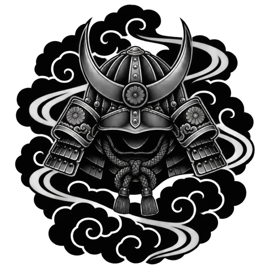 Irezumi tattoo design of a samurai kabuto helmet among black clouds