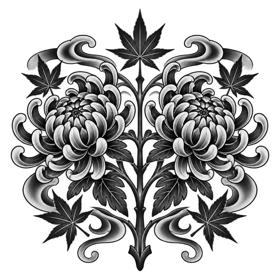 Irezumi tattoo design of mirrored chrysanthemum blossoms with maple leaves