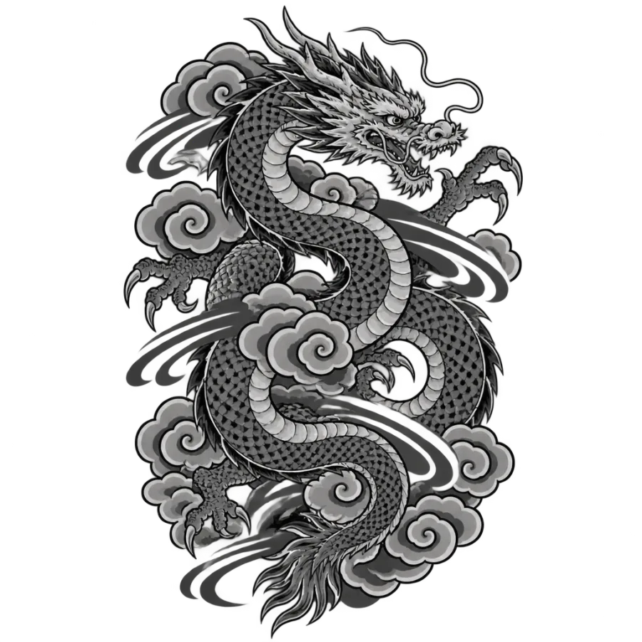Japanese irezumi tattoo design of a coiling dragon among stylized clouds