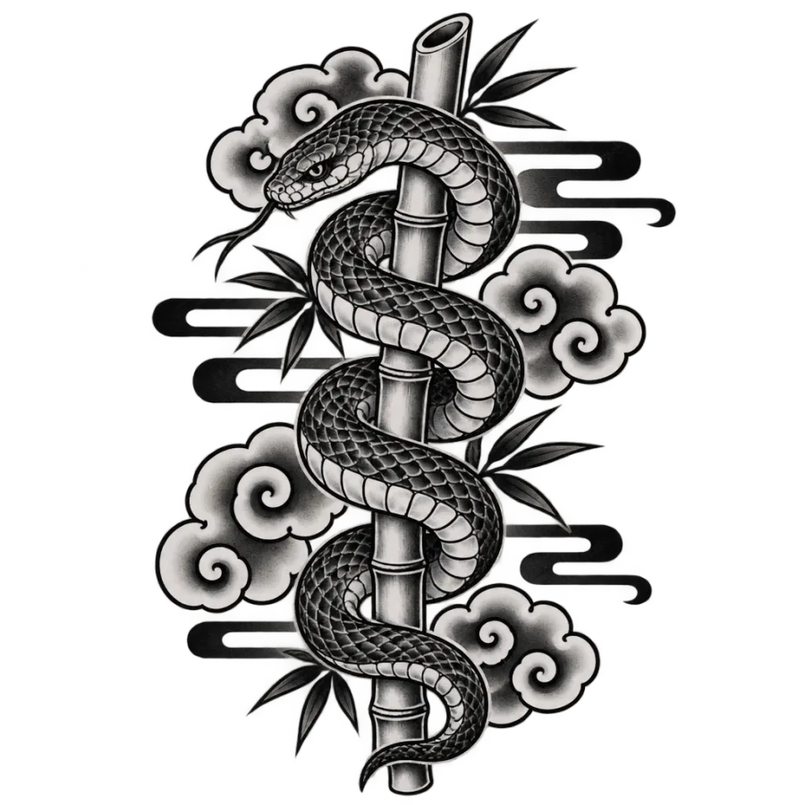 Japanese irezumi tattoo design of a snake coiled around a bamboo stalk