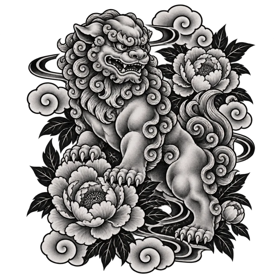 Japanese irezumi tattoo design of a guardian lion dog among peonies