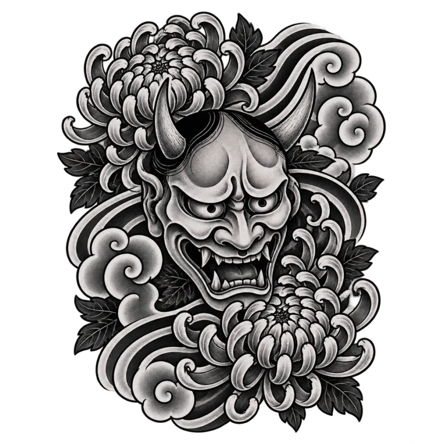 Japanese irezumi tattoo design of a hannya mask among chrysanthemum blooms