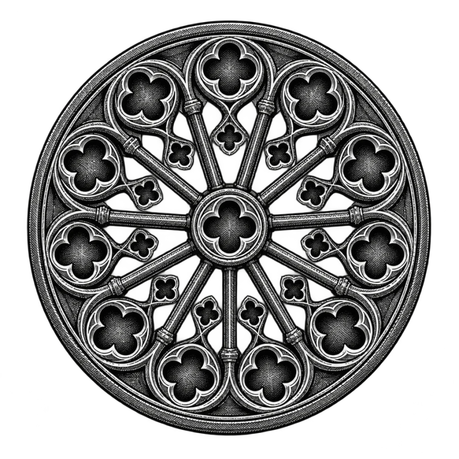 Engraved mandala tattoo design built like a cathedral rose window
