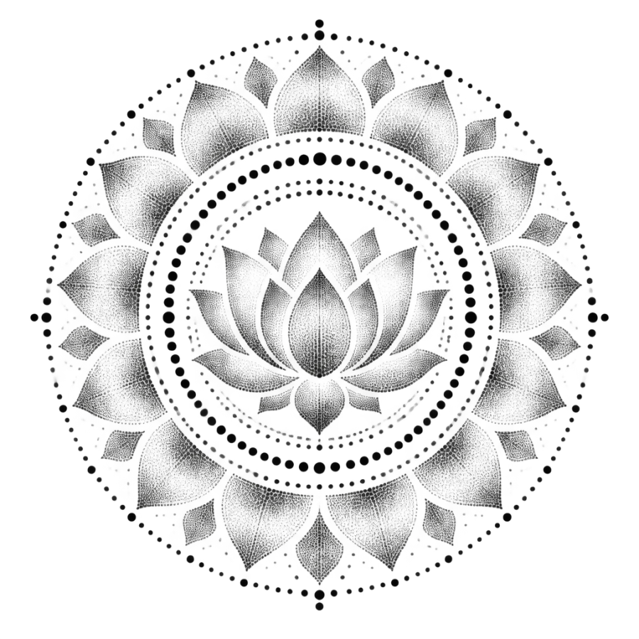 Dotwork mandala tattoo design with a lotus centre built from stippled dots