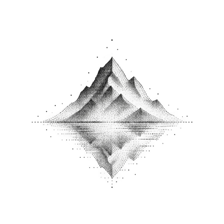Minimalist dotwork mountain and reflection tattoo design in sparse dots