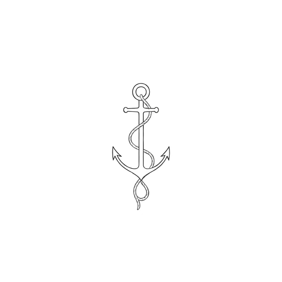 Minimalist tattoo design of a small anchor wrapped with a thin rope