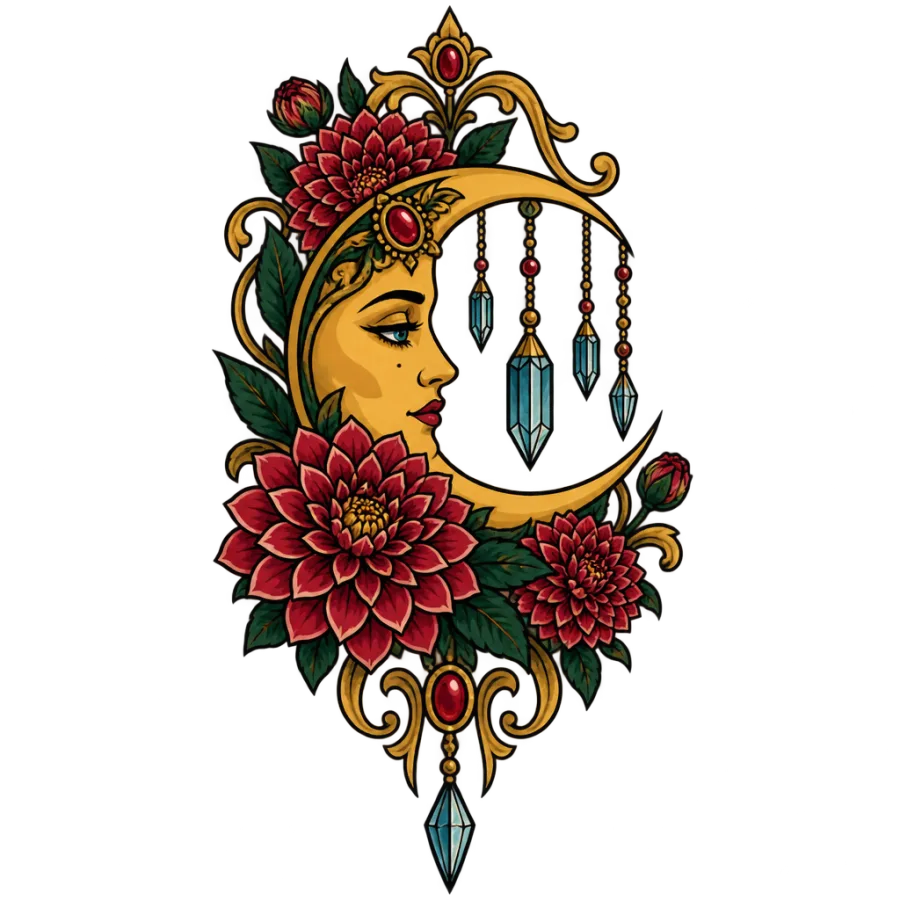 Neo traditional tattoo design of a moon face with crystals and dahlias