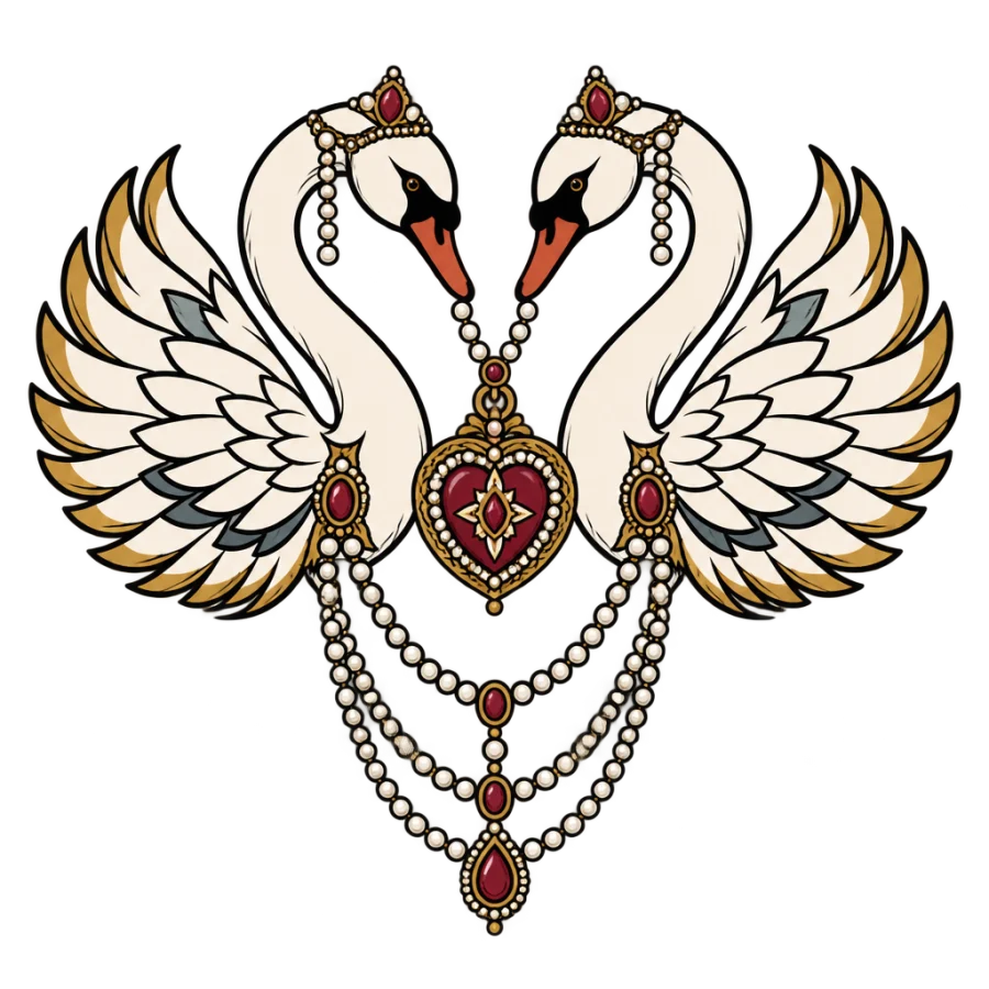 Neo traditional mirrored swans and jewelled locket tattoo design