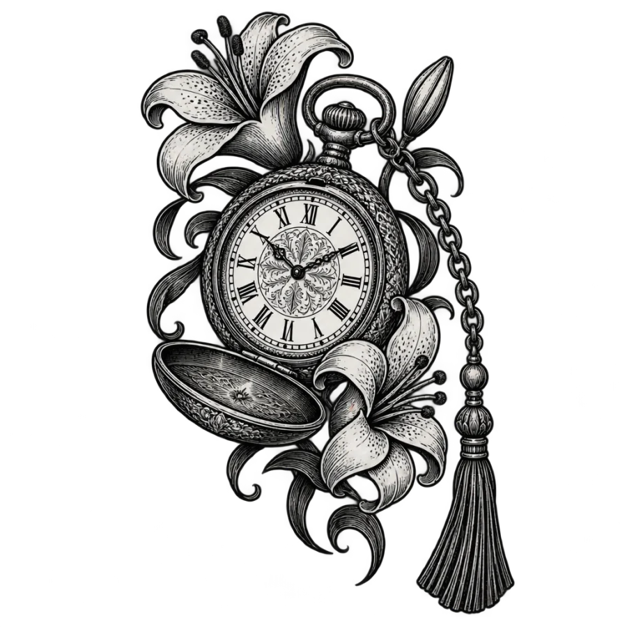 Engraved pocket watch and lilies tattoo in neo traditional ornament