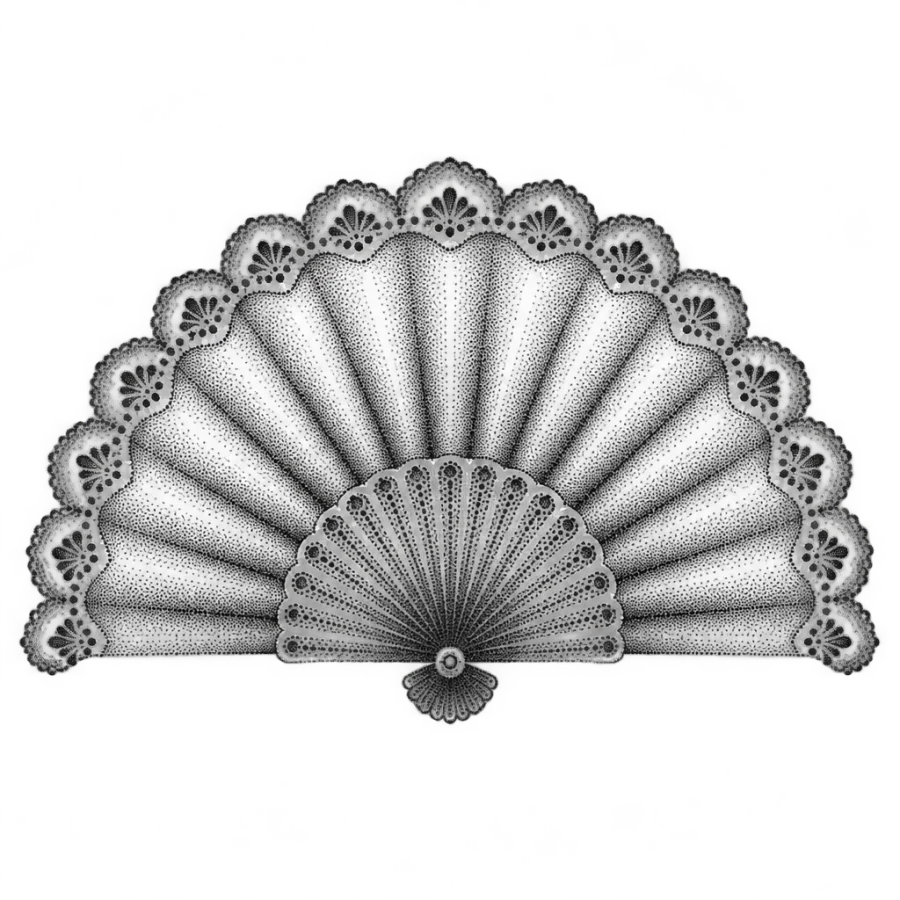 Dotwork ornamental fan tattoo design with scalloped ribs and lace edge