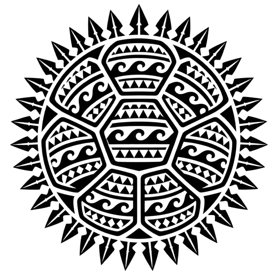 Polynesian tribal tattoo design of a turtle shell rosette with spearhead border