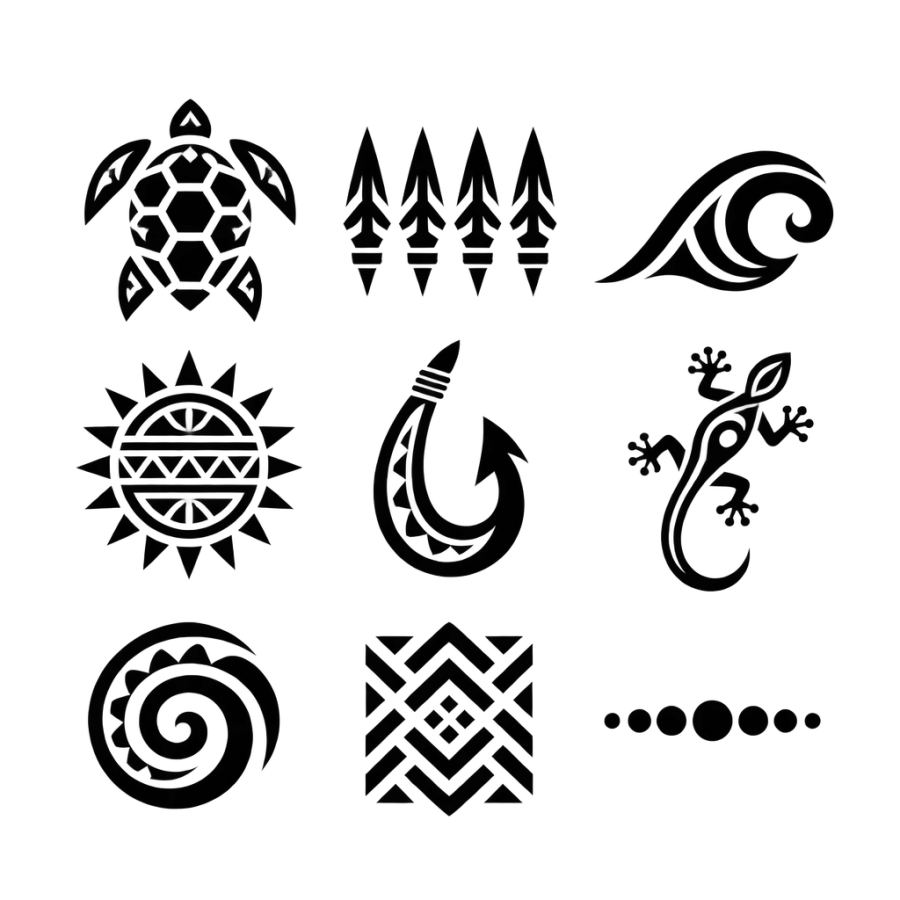 Polynesian tribal tattoo design of nine separate motif tiles in a grid