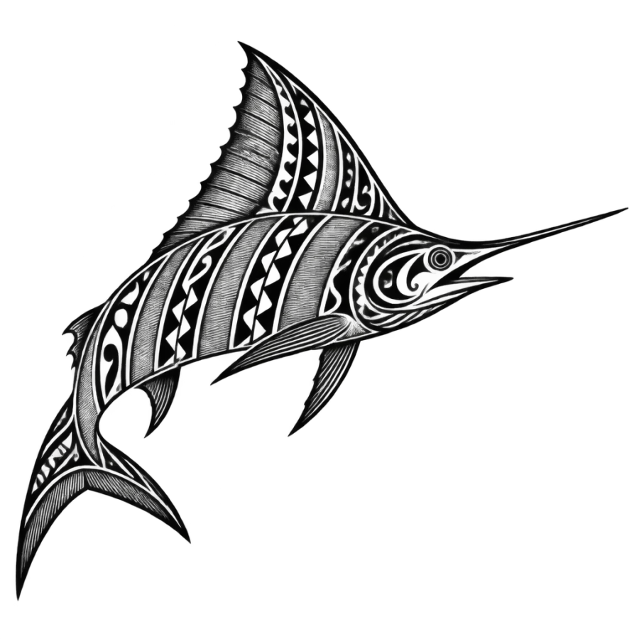 Polynesian marlin tattoo design with motif bands and engraved hatching
