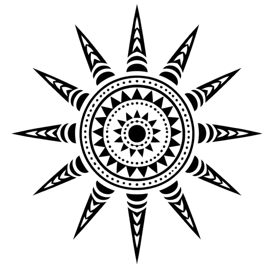 Polynesian tribal tattoo design of a sun disc with radiating spearhead rays