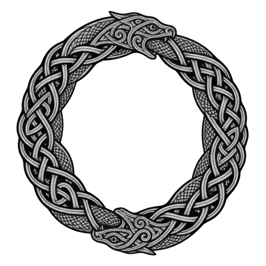 Ornamental Norse tattoo design of two serpents coiled into a knotwork ring