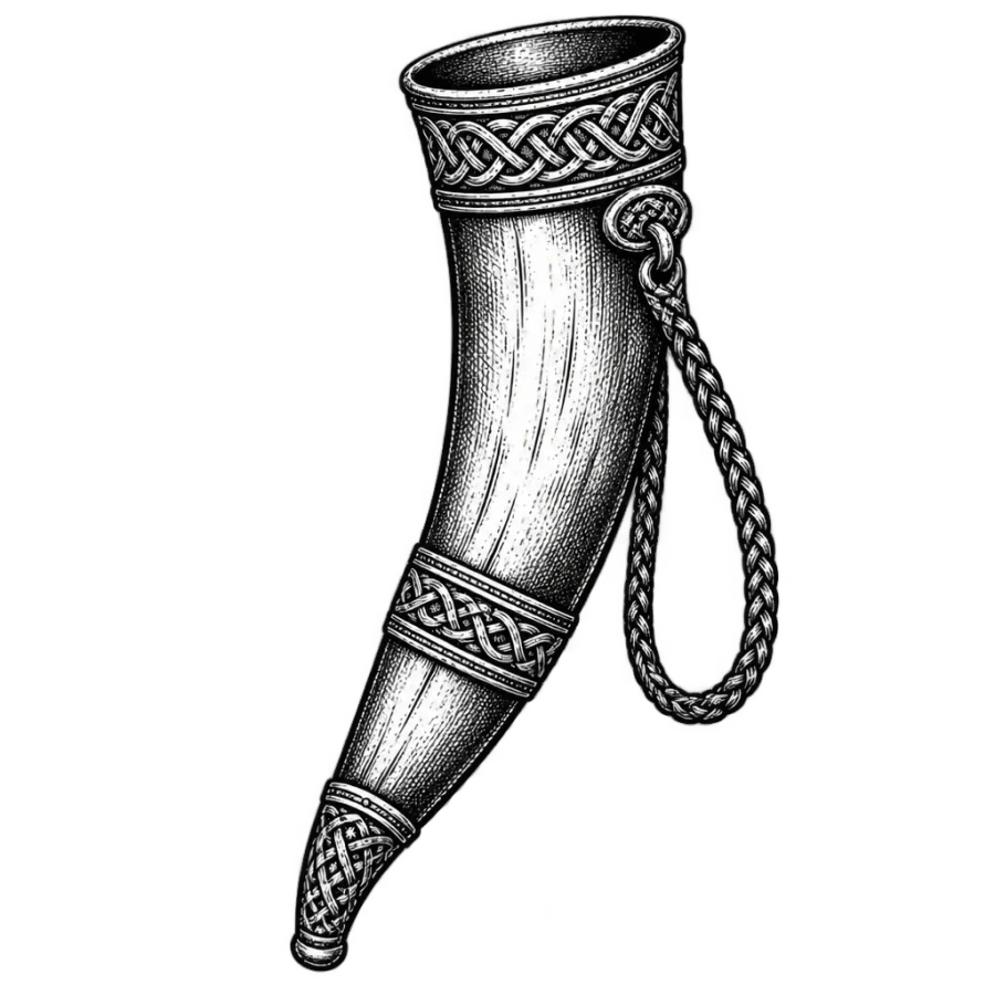 Engraved woodcut tattoo design of a Norse drinking horn with knotwork bands