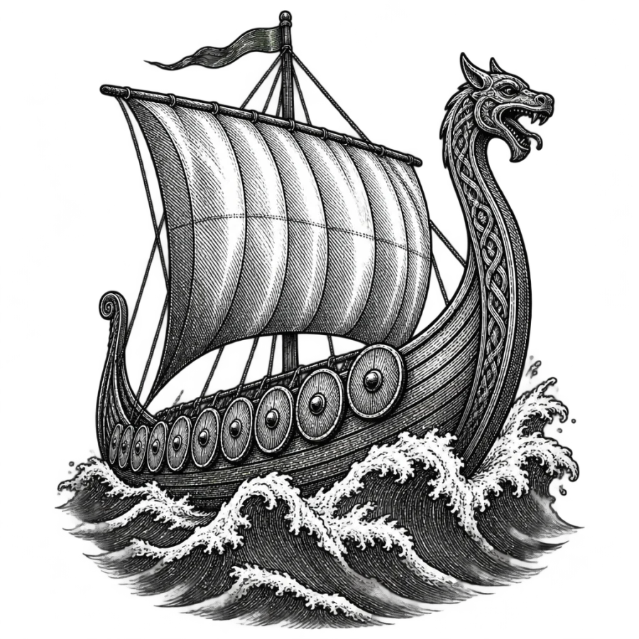 Engraved Norse longship tattoo with dragon prow and shield row