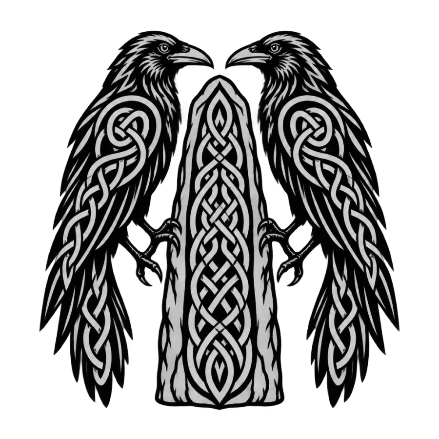 Symmetrical Norse ravens and runestone tattoo with knotwork border