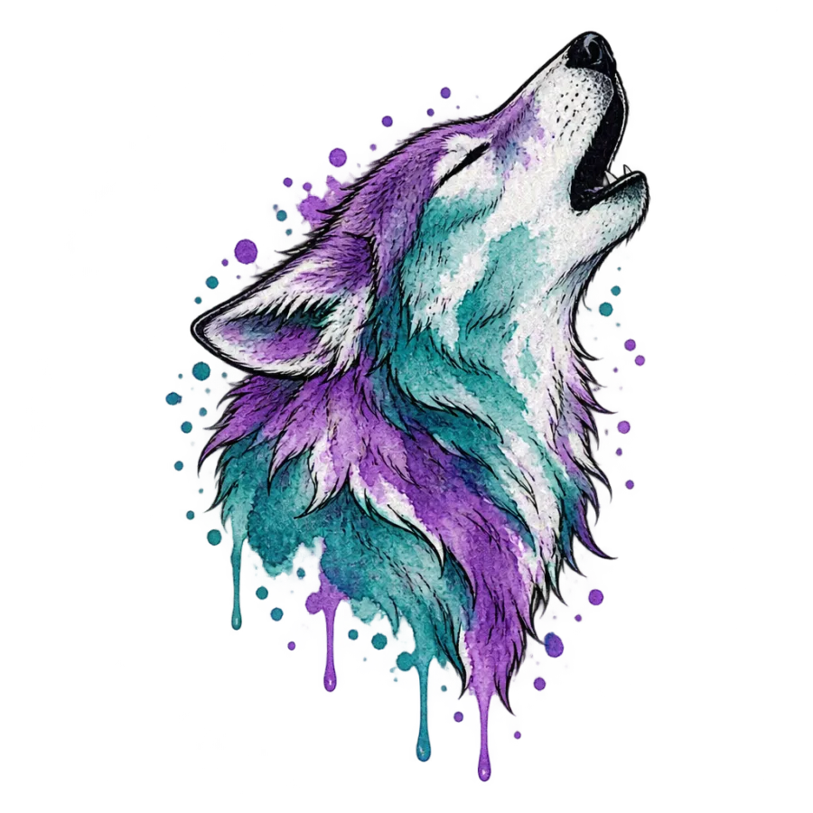 Watercolor tattoo design of a howling wolf head in violet and teal wash