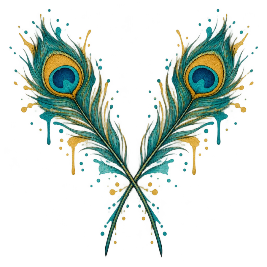 Watercolor tattoo design of two mirrored peacock feathers crossed at the quills
