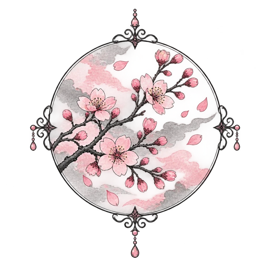 Watercolor tattoo design of a cherry blossom branch in a filigree medallion