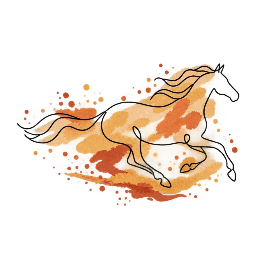 Watercolor tattoo design of a galloping horse in one line over warm washes