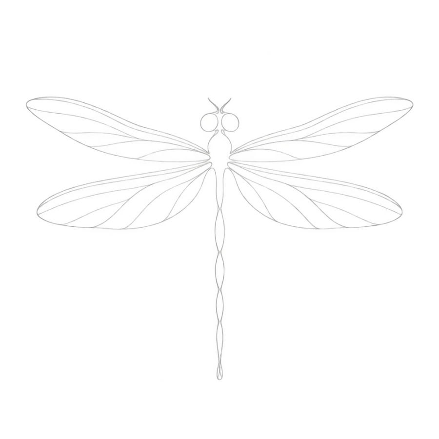 White ink single line tattoo design of a dragonfly with long slender wings