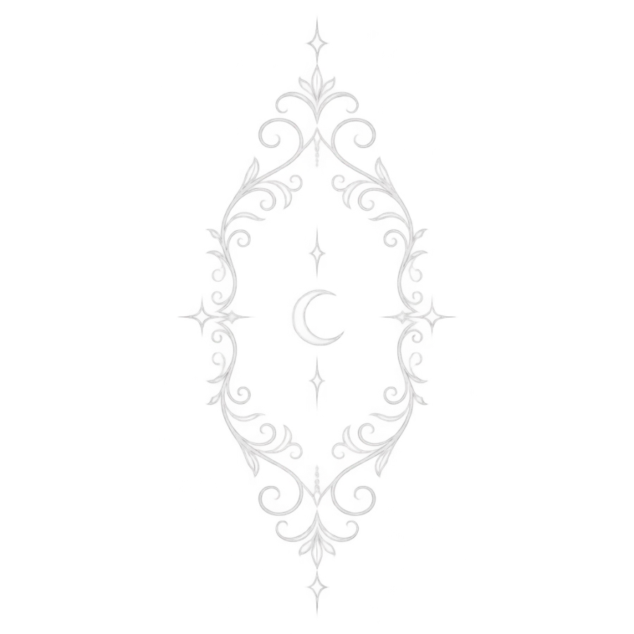 White ink filigree tattoo design framing a tiny crescent moon in fine scrollwork