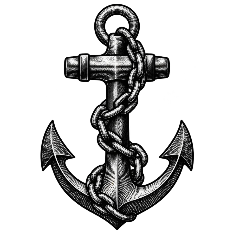Engraved anchor tattoo design with heavy chain coiled around the shank