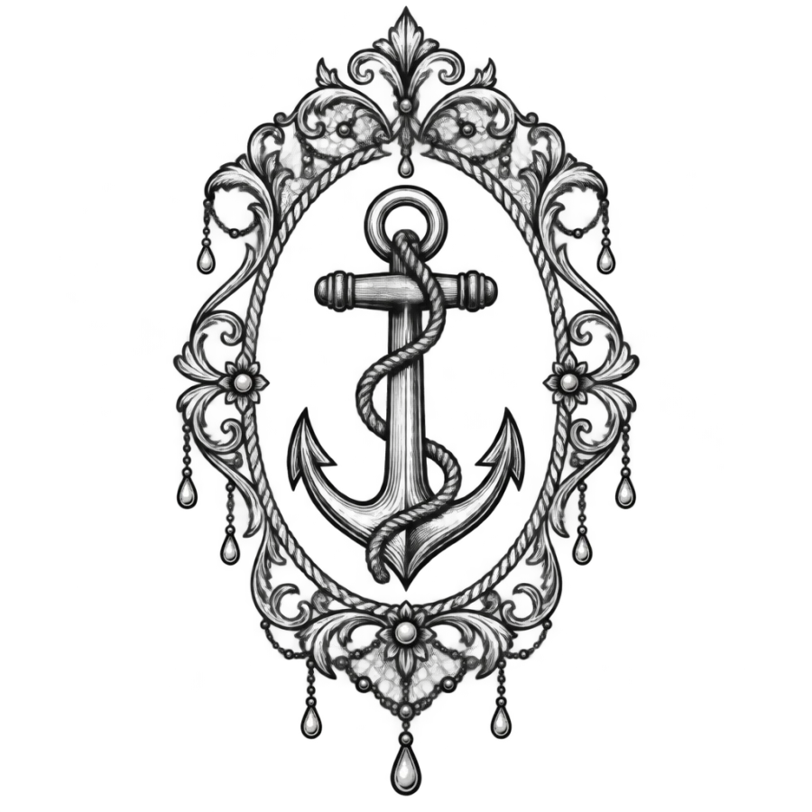 Ornamental filigree anchor tattoo design framed with lace and pearls