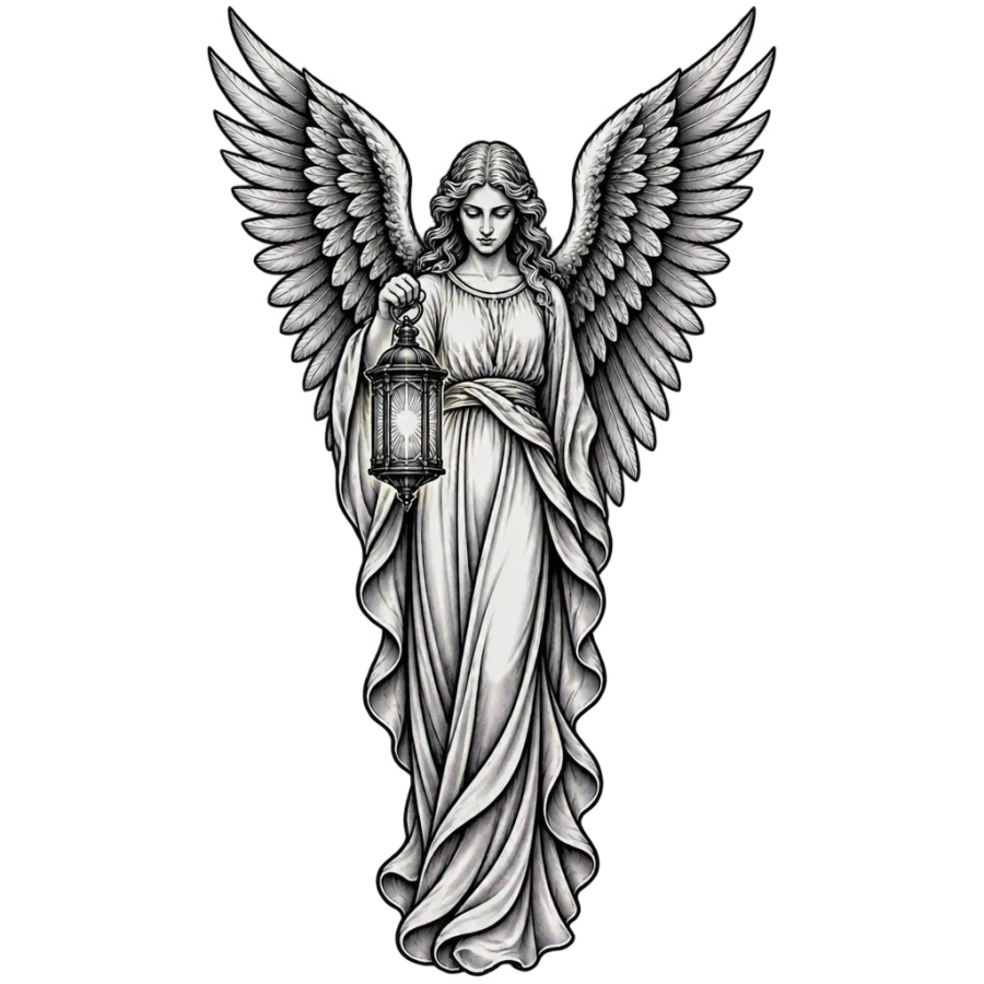 Neo traditional angel tattoo design of a guardian angel holding a lantern