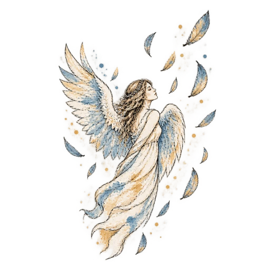 Watercolor angel tattoo design releasing a scattered cluster of drifting feathers