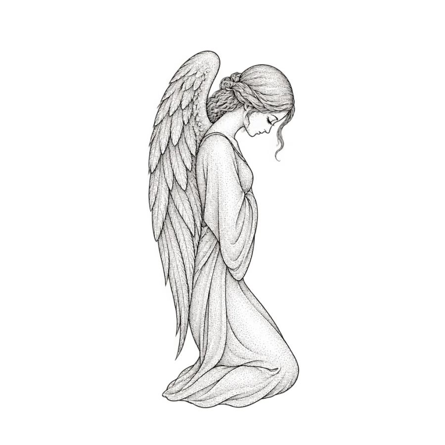 Fine line angel tattoo design of a kneeling angel praying in profile